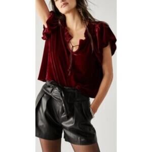 Free People Terese Red Burgundy Velvet Goth Top Blouse Garnet Tie Neck S XL $68
